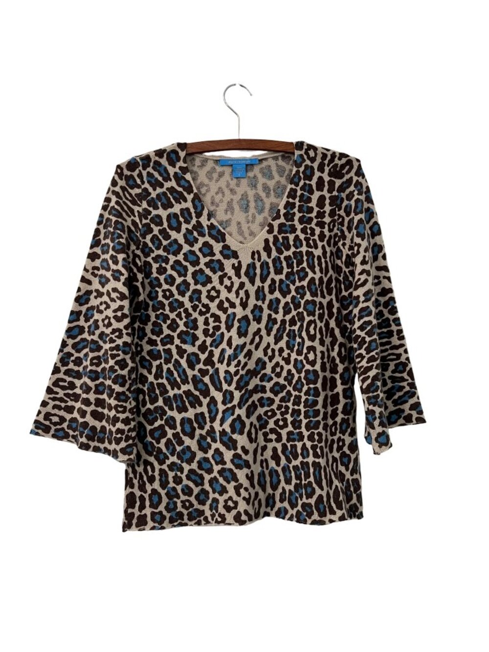 White Warren Pure Cashmere Brown Blue Animal Print Vneck Bell Sleeve Sweater S